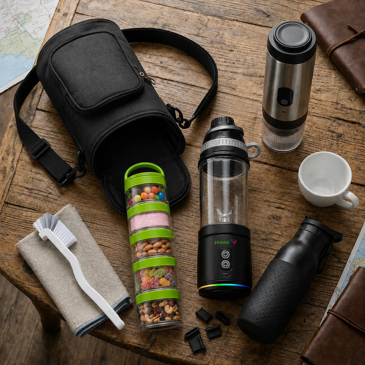 Imagen par la categoría PACKS & KITS muestras un bolso, licuadora, cepillo, cafetera portátil, botella de agua y otros
