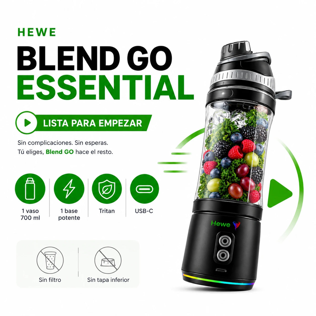 Licuadora portátil HEWE Blend Go Essential, sin filtro ni tapa inferior