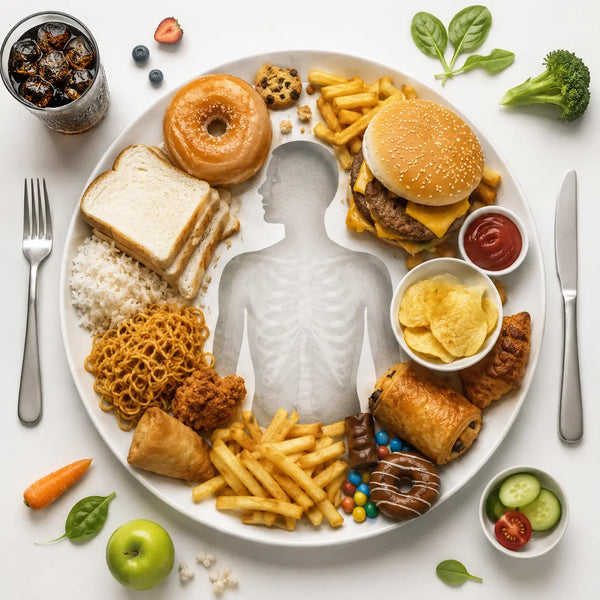 plato con comida rápida o chatarra y muy poca verdura