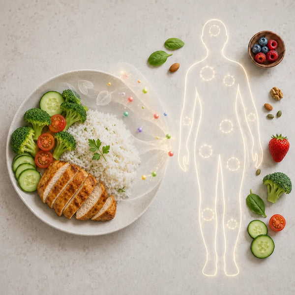 plato con comida nutritiva que muestra lúdicamente las vitaminas y minerales viajando al cuerpo humano al comerlos