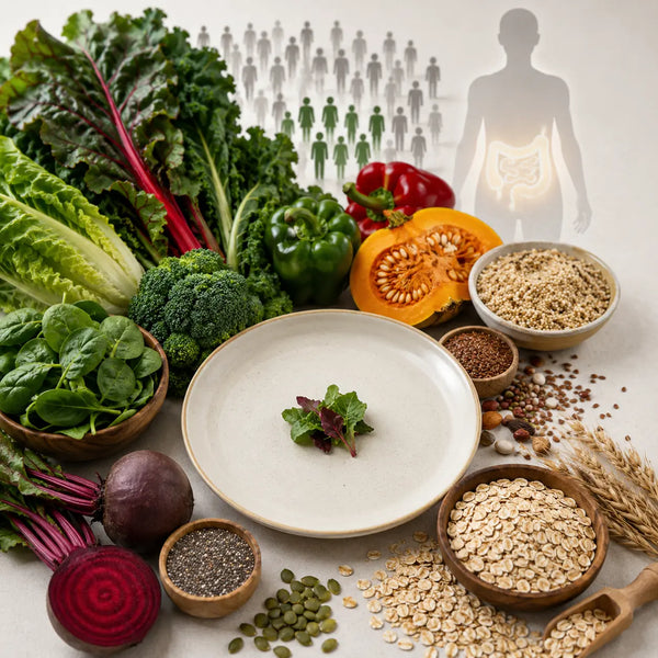 plato que muestra alrededor de el muchas verduras de fibra y cereales y en el plato una pequeña hoja de verdura indicando lo poco que consumimos de fibra
