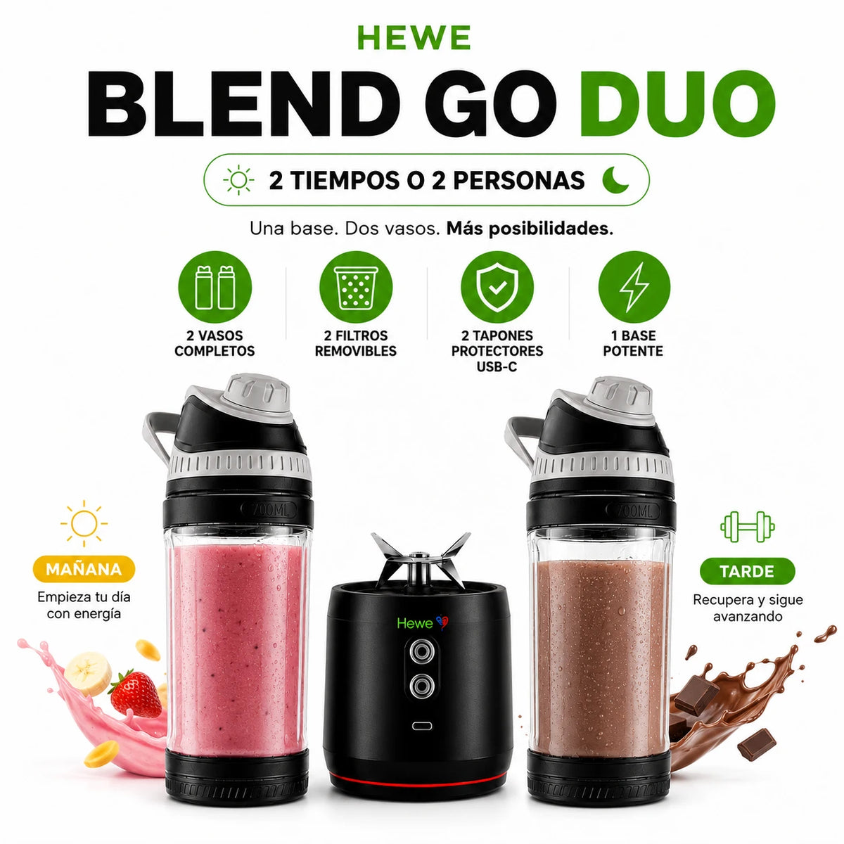 Licuadora HEWE BLEND DUO, un motor + dos vasos y accesorios, mañana o tarde
