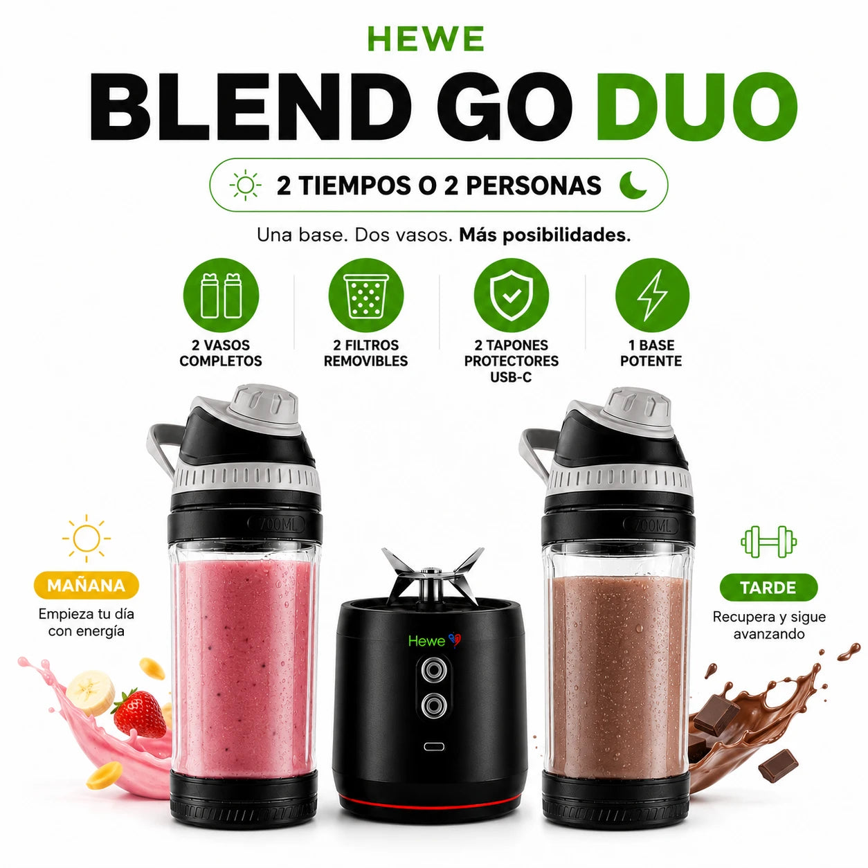 Licuadora HEWE BLEND DUO, un motor + dos vasos y accesorios, mañana o tarde