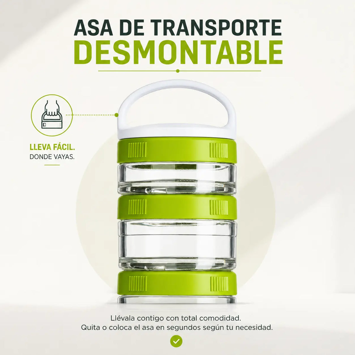 Muestra el sistema de asa desmontable de los frascos con la conección TWIST n´LOCK