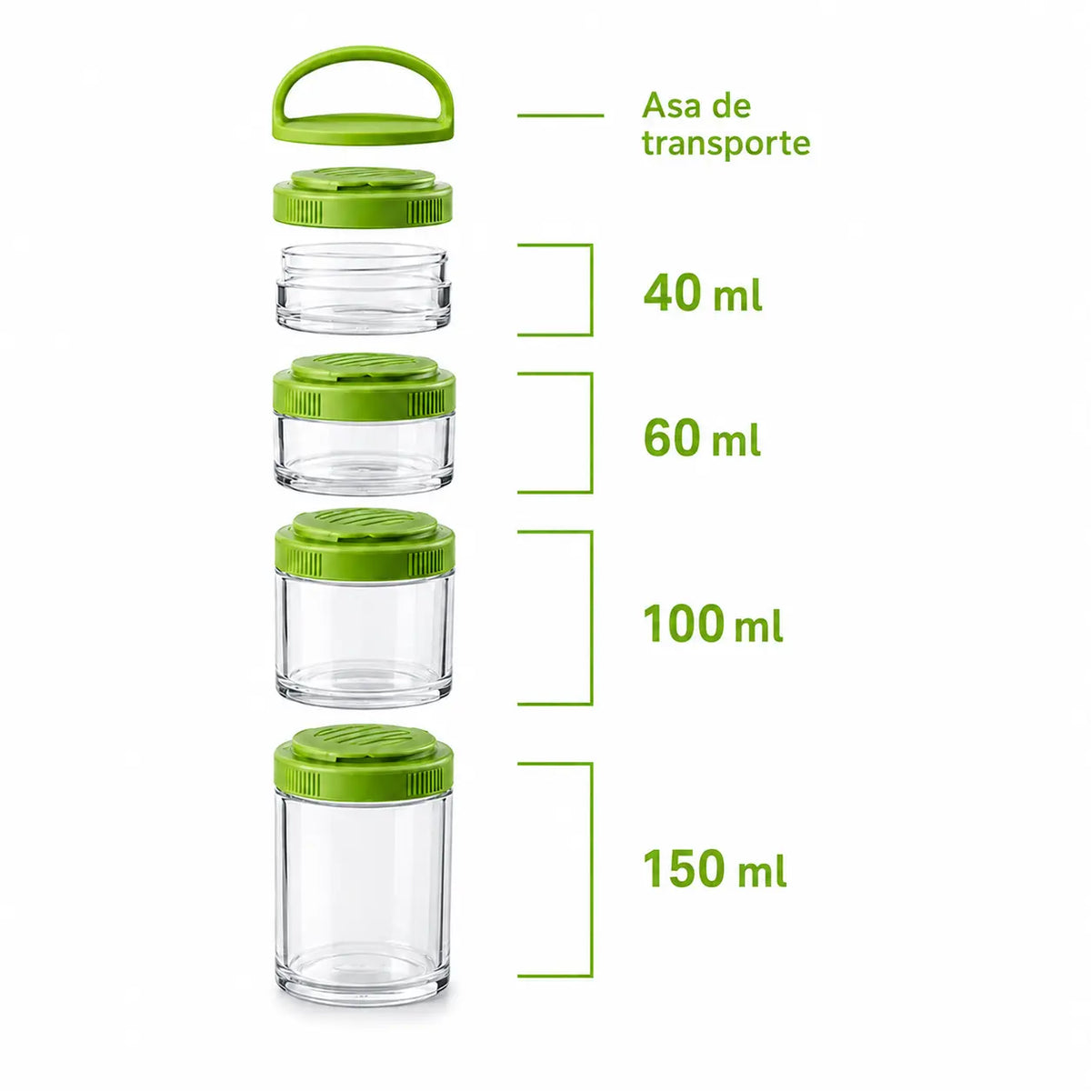 BLEND SNACK hecho de Eastman TRITAN, contenedor de 40ml, 60ml, 100ml, 150ml y asa de transporte. Es una torre de contenedores que se enganchan o sueltan con sistema TWIST N´LOCK, ideal para llevar frutos secos, polvos remedios, vitaminas, etc