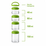 BLEND SNACK hecho de Eastman TRITAN, contenedor de 40ml, 60ml, 100ml, 150ml y asa de transporte. Es una torre de contenedores que se enganchan o sueltan con sistema TWIST N´LOCK, ideal para llevar frutos secos, polvos remedios, vitaminas, etc