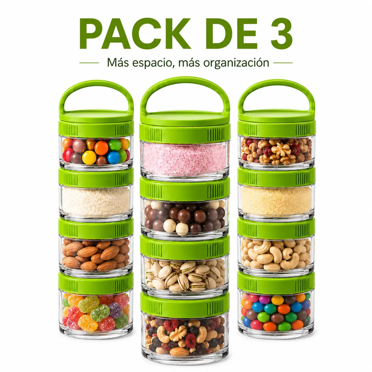 BLEND SNACK (PACK de 3 unidades) hecho de Eastman TRITAN, contenedor de 40ml, 60ml, 100ml, 150ml y asa de transporte. Es una torre de contenedores que se enganchan o sueltan con sistema TWIST N´LOCK, ideal para llevar frutos secos, polvos remedios, vitaminas, etc