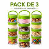 BLEND SNACK (PACK de 3 unidades) hecho de Eastman TRITAN, contenedor de 40ml, 60ml, 100ml, 150ml y asa de transporte. Es una torre de contenedores que se enganchan o sueltan con sistema TWIST N´LOCK, ideal para llevar frutos secos, polvos remedios, vitaminas, etc