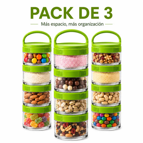 BLEND SNACK (PACK de 3 unidades) hecho de Eastman TRITAN, contenedor de 40ml, 60ml, 100ml, 150ml y asa de transporte. Es una torre de contenedores que se enganchan o sueltan con sistema TWIST N´LOCK, ideal para llevar frutos secos, polvos remedios, vitaminas, etc
