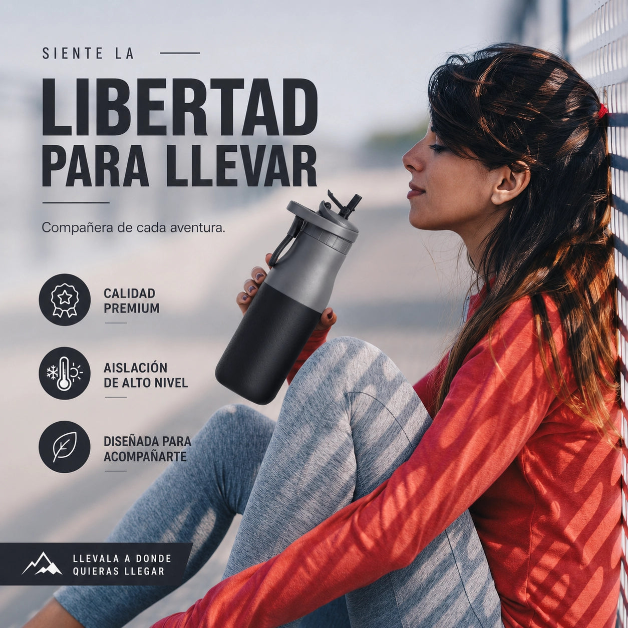 Mujer tomando agua en botella joki 500, Libertad para llevar, calidad premium, aislación de alto nivel, llevala donde quieras llegar