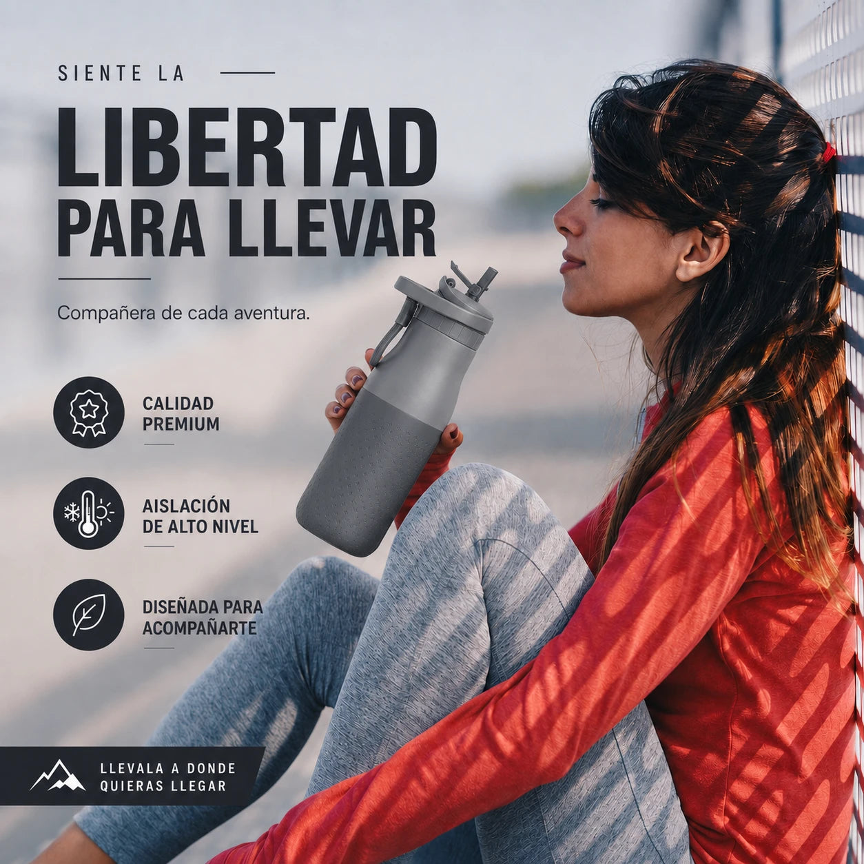 Mujer tomando agua en botella joki 500, Libertad para llevar, calidad premium, aislación de alto nivel, llevala donde quieras llegar, botella gris