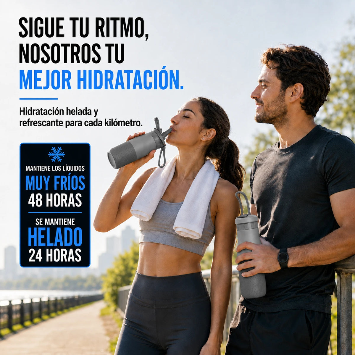 Botella joki500 gris, mantiene los líquidos muy fríos 48 horas, se mantiene helado 24 horas