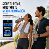 Botella joki500 gris, mantiene los líquidos muy fríos 48 horas, se mantiene helado 24 horas