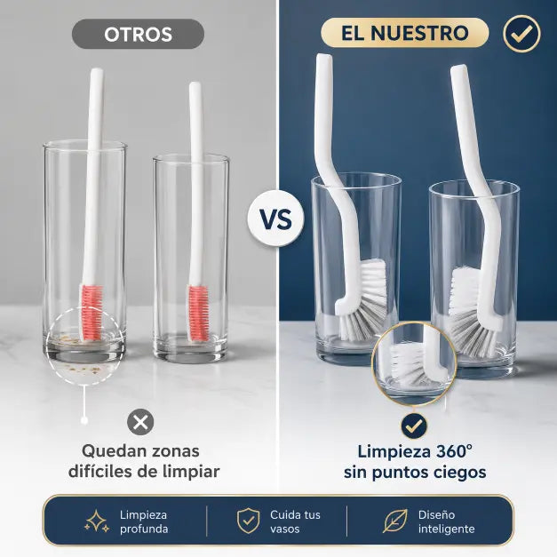 Cepillo deepclean mostrando como lava el interior de un vaso sin problemas en el Angulo interior por tener su cabeza con cerdas en un Angulo de 90grados