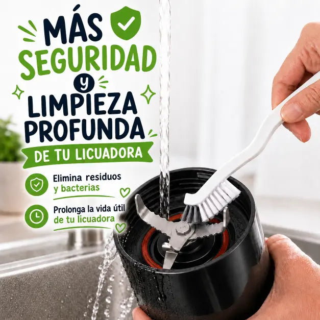 Cepillo deepclean mostrando como lava el motor y cuchillas de una hewe blend go para una limpieza profunda , eliminar residuos, bacterias, y proteger la vida útil de la licuadora hewe blend go