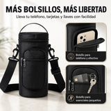 Muestra que el bolso tiene bolsillos para teléfono, efectivo llaves, además de esenciales pequeños