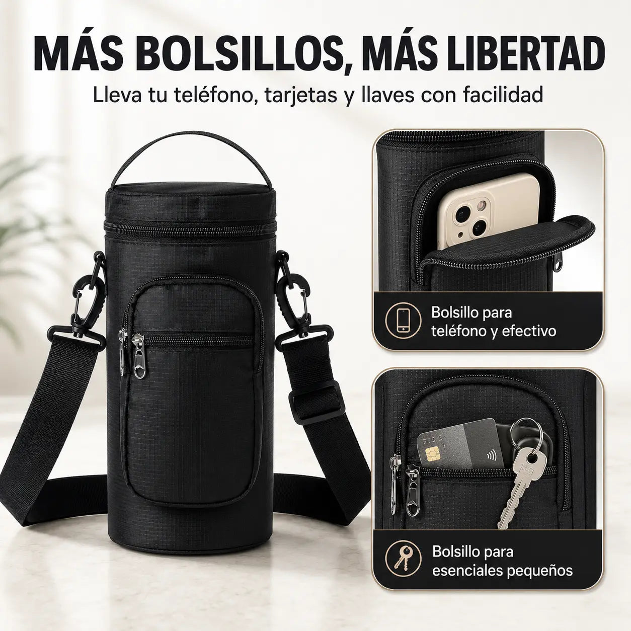 Muestra que el bolso tiene bolsillos para teléfono, efectivo llaves, además de esenciales pequeños