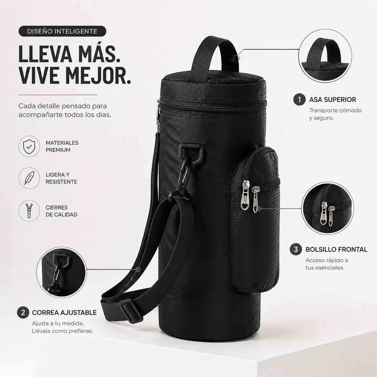 Muestra las características del bolso como asa, correa y bolsillos