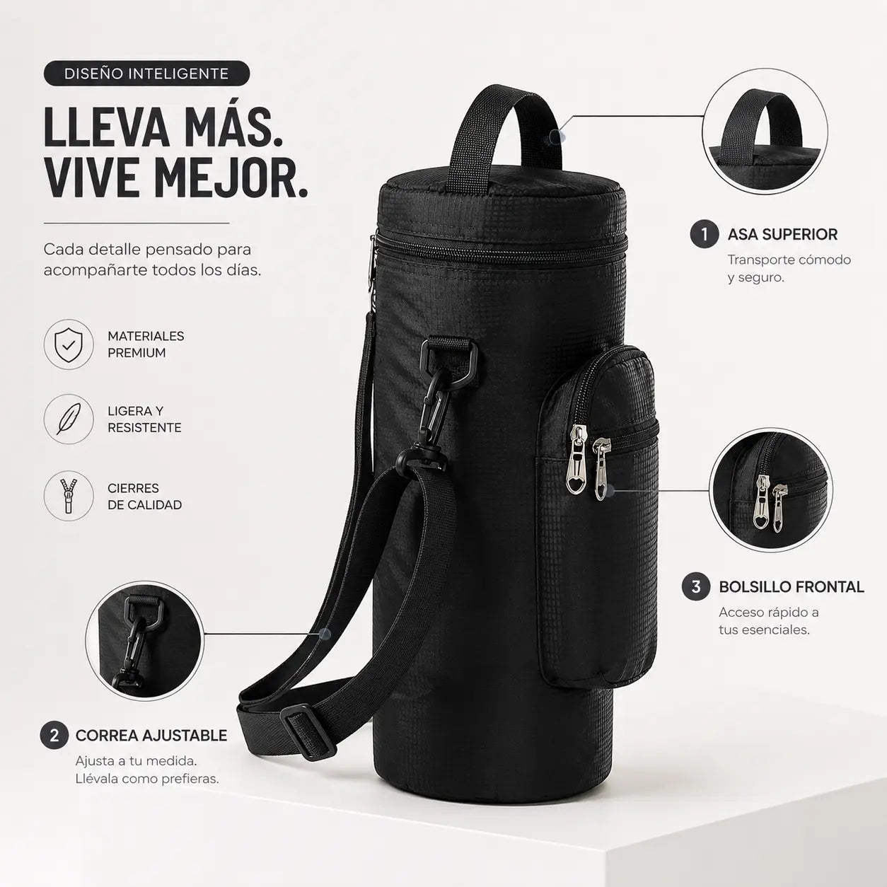 Muestra las características del bolso como asa, correa y bolsillos