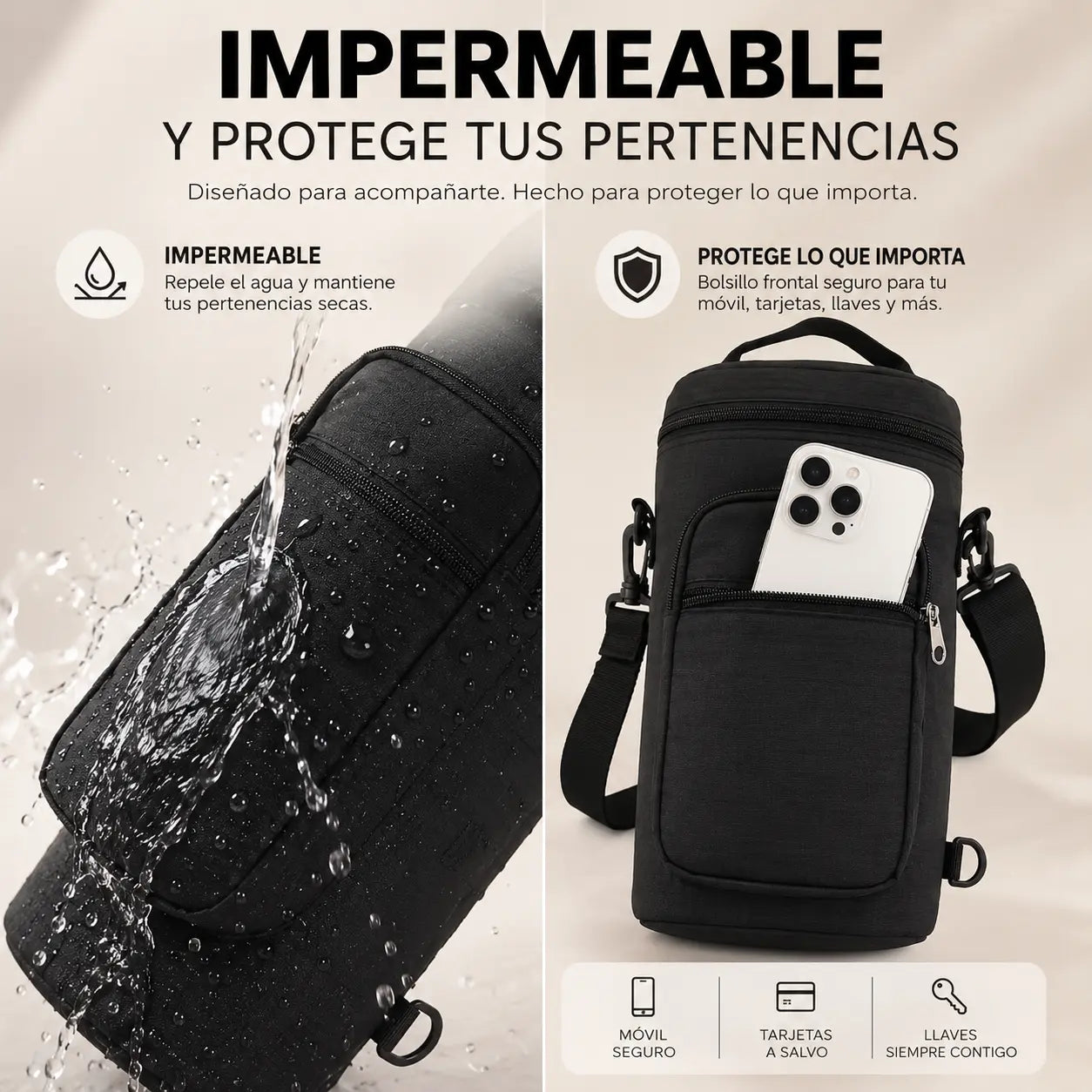 muestra que es impermeable el bolso yq ue puede proteger a un celular del agua