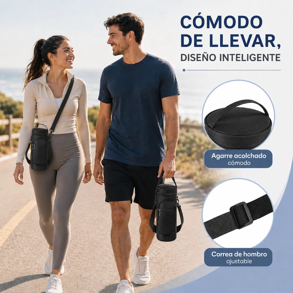 PAreja hombre mujer caminando en la playa con su bolso hewe bag