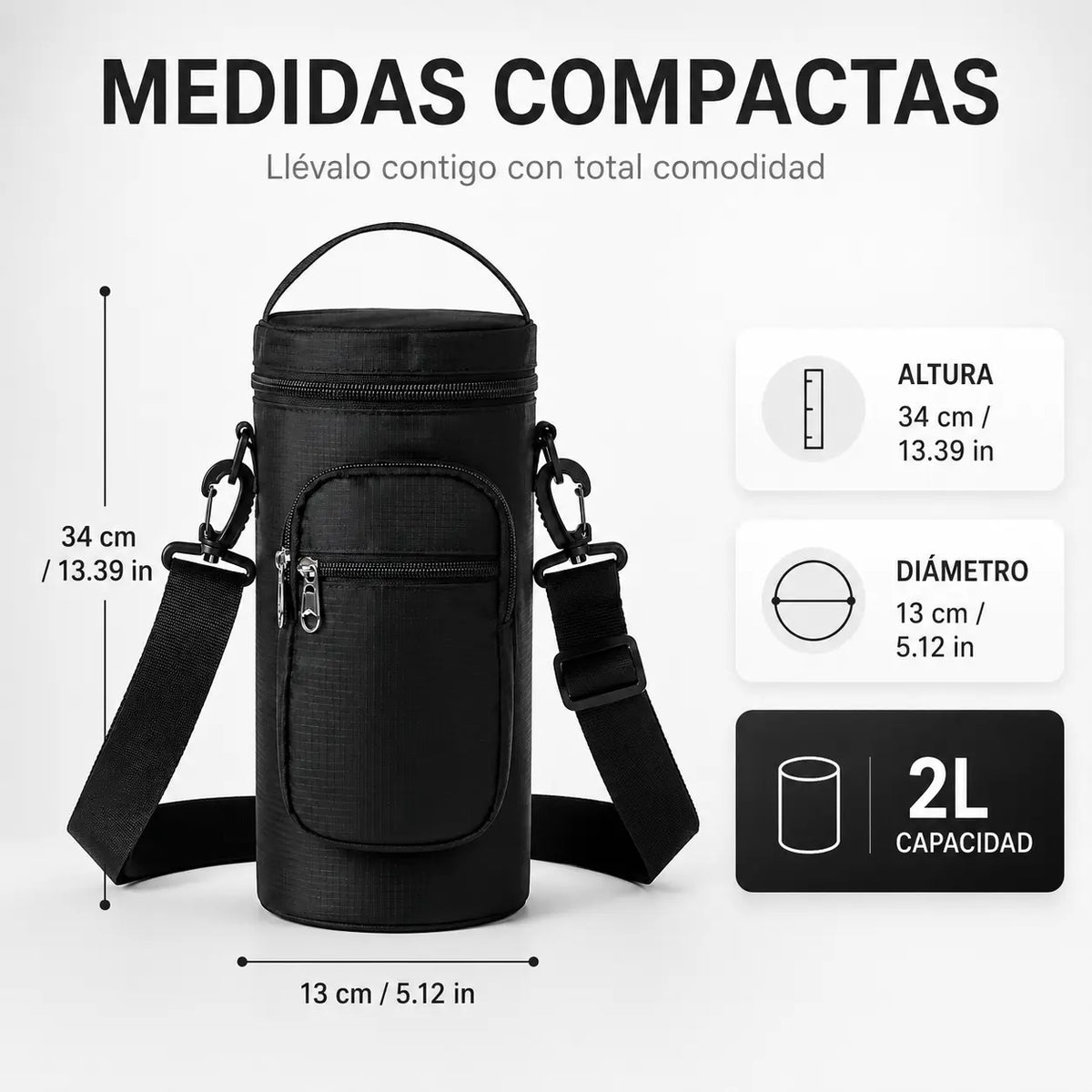 Bolso de transporte Cooler impermeable de material RISTOP para evitar daños en la licuadora cuando se transporta, muestra las medidas de 34 de alto y 13 de radio, con capacidad de 2 litros