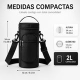 Bolso de transporte Cooler impermeable de material RISTOP para evitar daños en la licuadora cuando se transporta, muestra las medidas de 34 de alto y 13 de radio, con capacidad de 2 litros