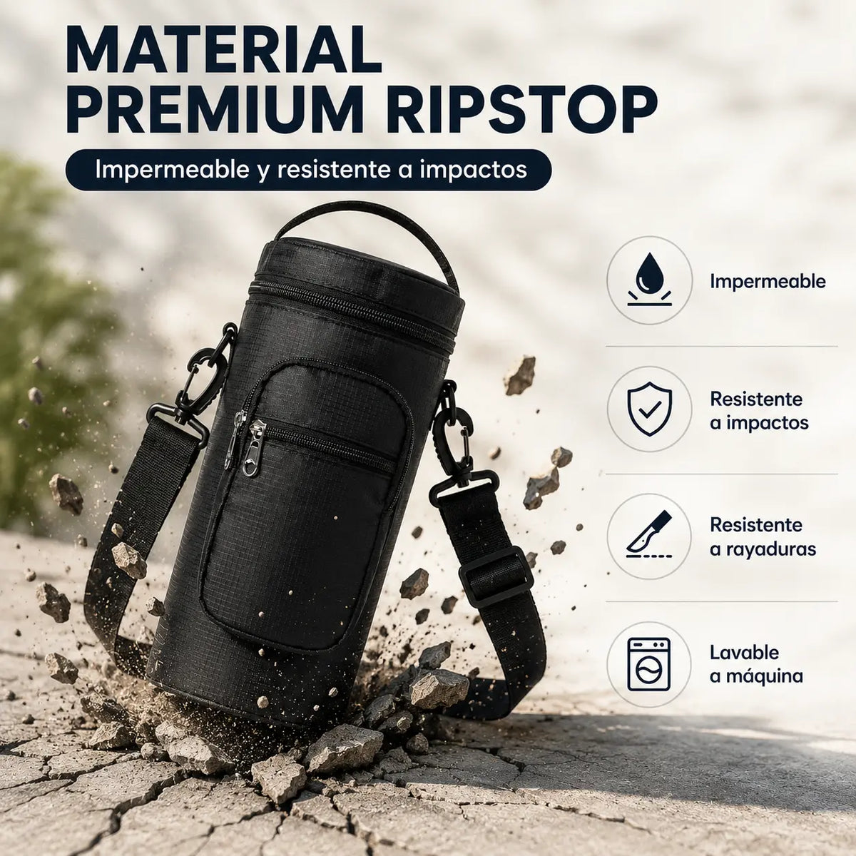 Bolo hewe bag mostrando que rompe el suelo por lo resistente que es, material RIPSTOP, impermeable, lavable a máquina, resistente a rayaduras