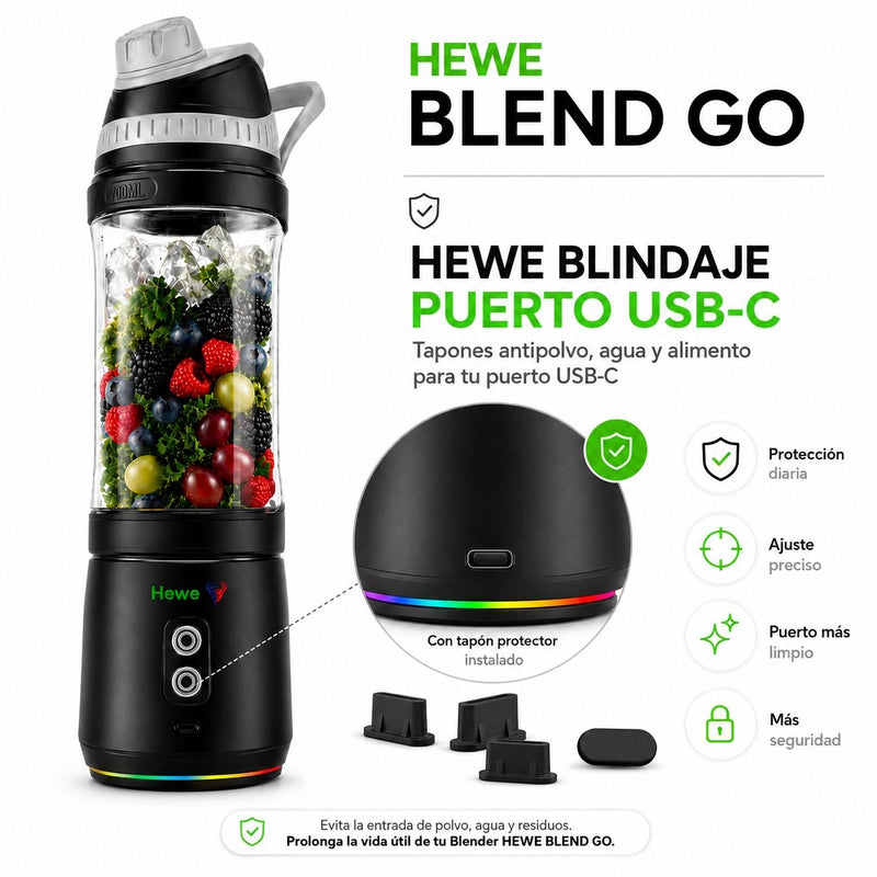 Tapones de protección y blindaje para el puerto USB-C de la licuadora HEWE BLEND GO o BLEND ME, muestra el tapón instalado en la juguera