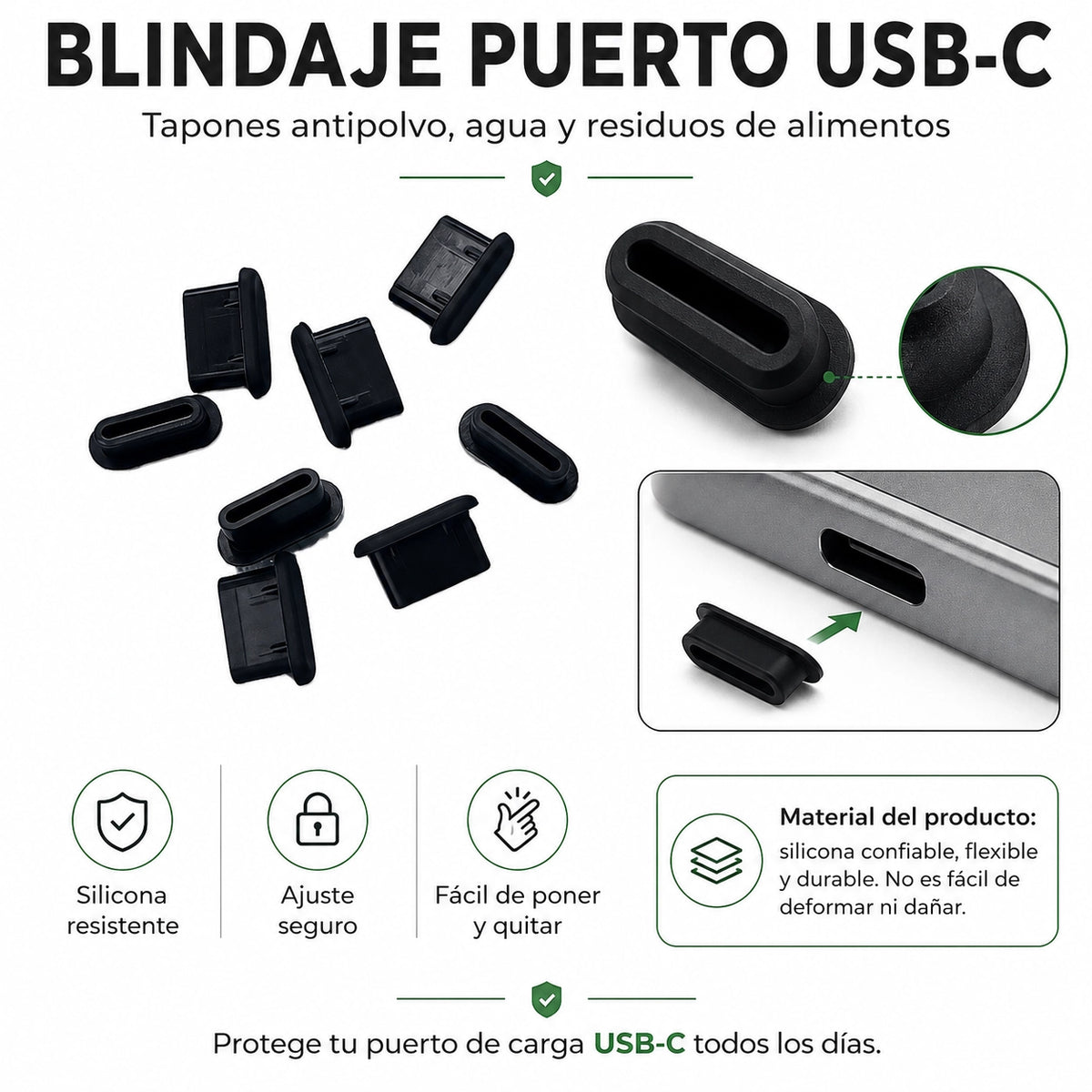 Tapones de protección y blindaje para el puerto USB-C de la licuadora HEWE BLEND GO o BLEND ME, y cualquier dispositivo USB-C. Propiedades silicona resistente, ajuste seguro, fácil de poner y quitar.