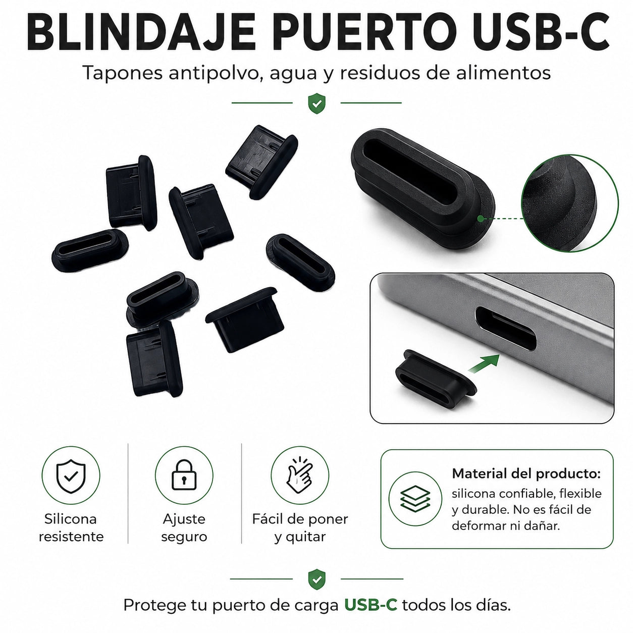 Tapones de protección y blindaje para el puerto USB-C de la licuadora HEWE BLEND GO o BLEND ME, y cualquier dispositivo USB-C. Propiedades silicona resistente, ajuste seguro, fácil de poner y quitar.