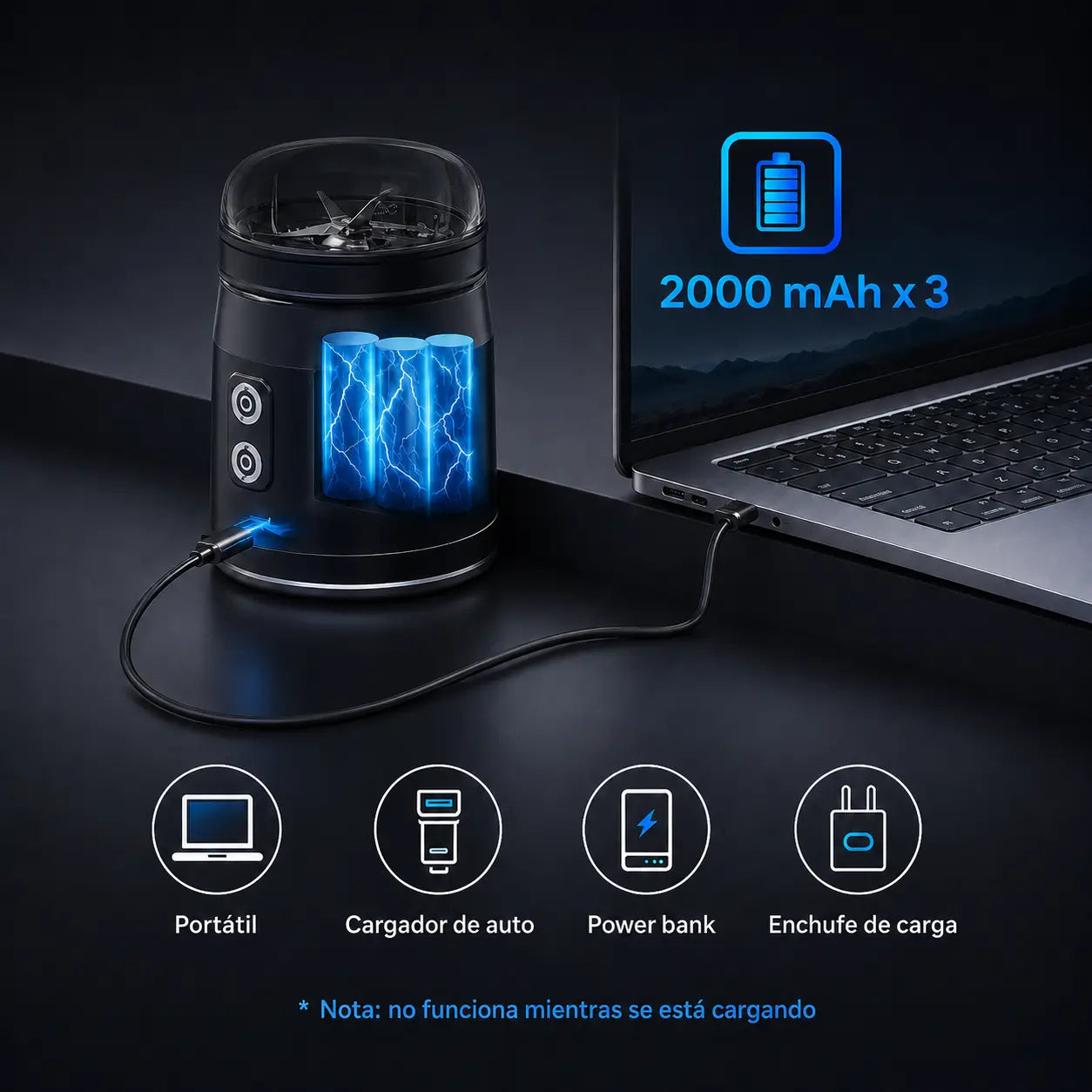 Imagen cuadrada muestra licuadora personal portátil con posibilidad de carga por su puerto USB-C con un notebook, cargador de auto, power bank, enchufe de carga, además indica que mientras se carga no puede funcionar