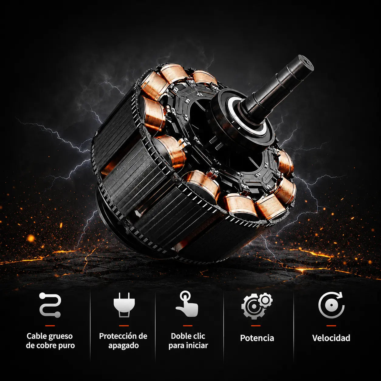 imagen cuadrada muestra el motor de hilos de cobre de la licuadora personal portátil HEWE BLEND GO y ME, además de características premium de robustez como cable grueso de cobre puro, protección de apagado, doble click para iniciar, potencia, velocidad