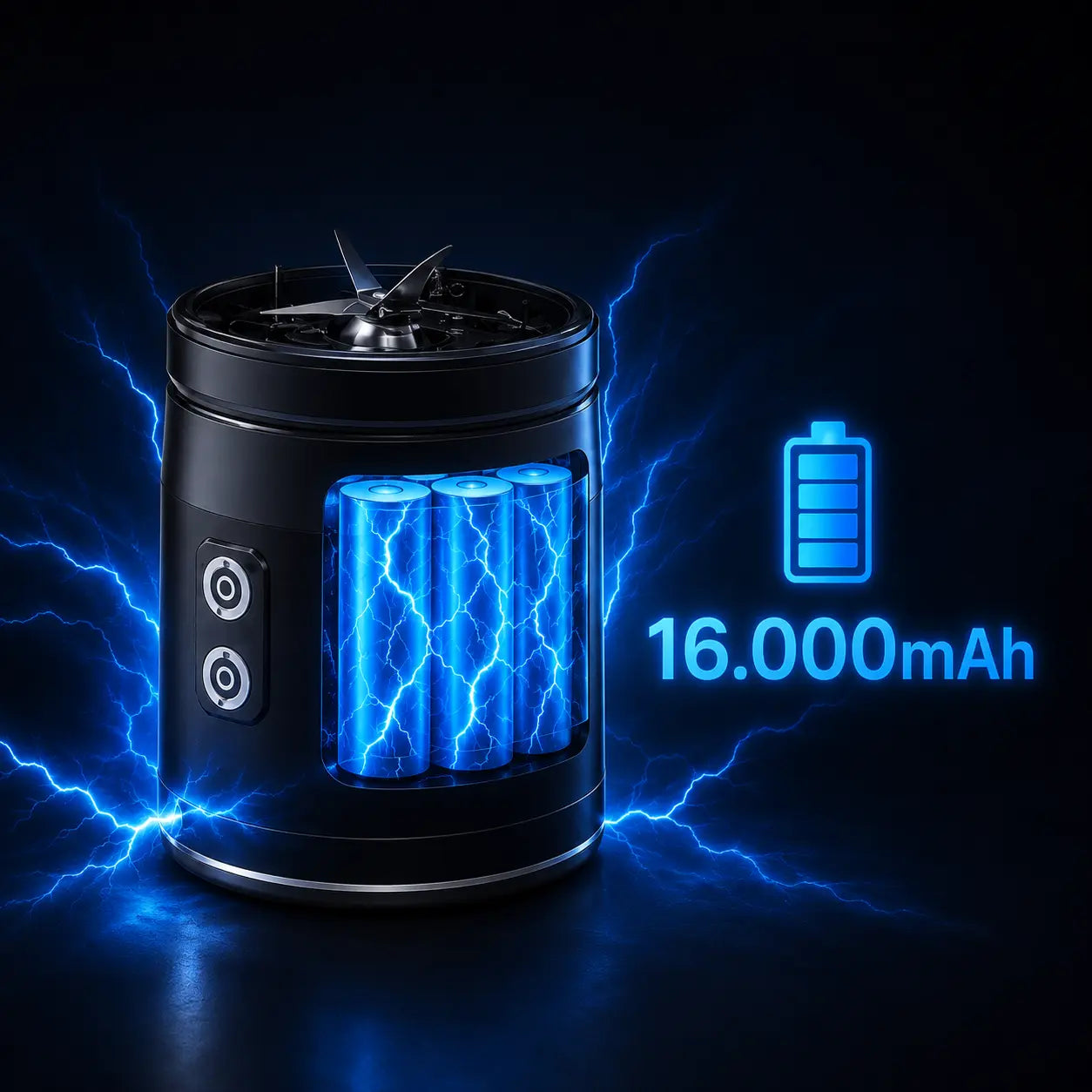 Imagen cuadrada muestra  la base del motor de la licuadora personal portátil HEWE BLEND GO, Hay un corte lateral para mostrar el pack de baterías de 16.000mAh en su interior