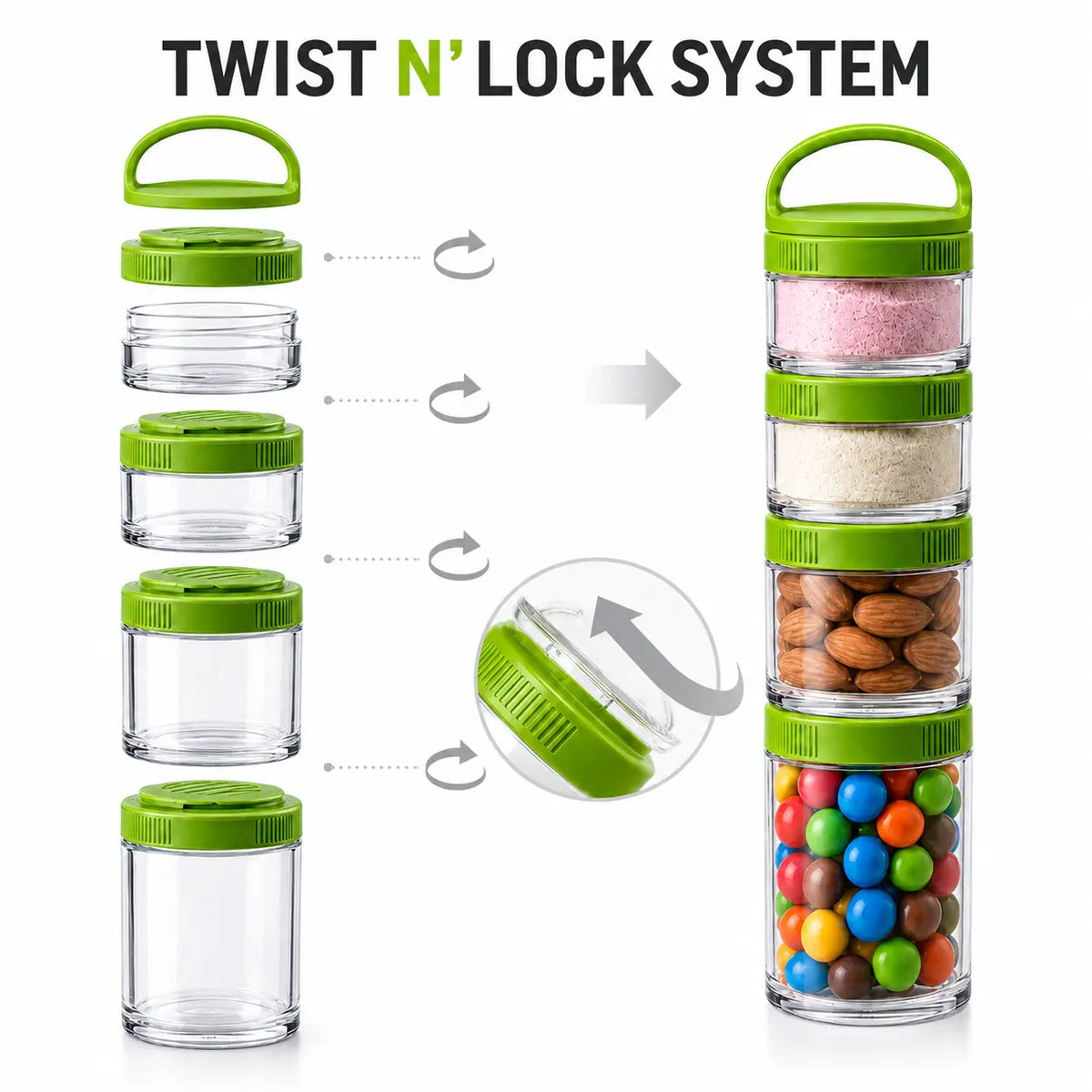 Muestra el sistema de conección TWIST n´LOCK de los frascos