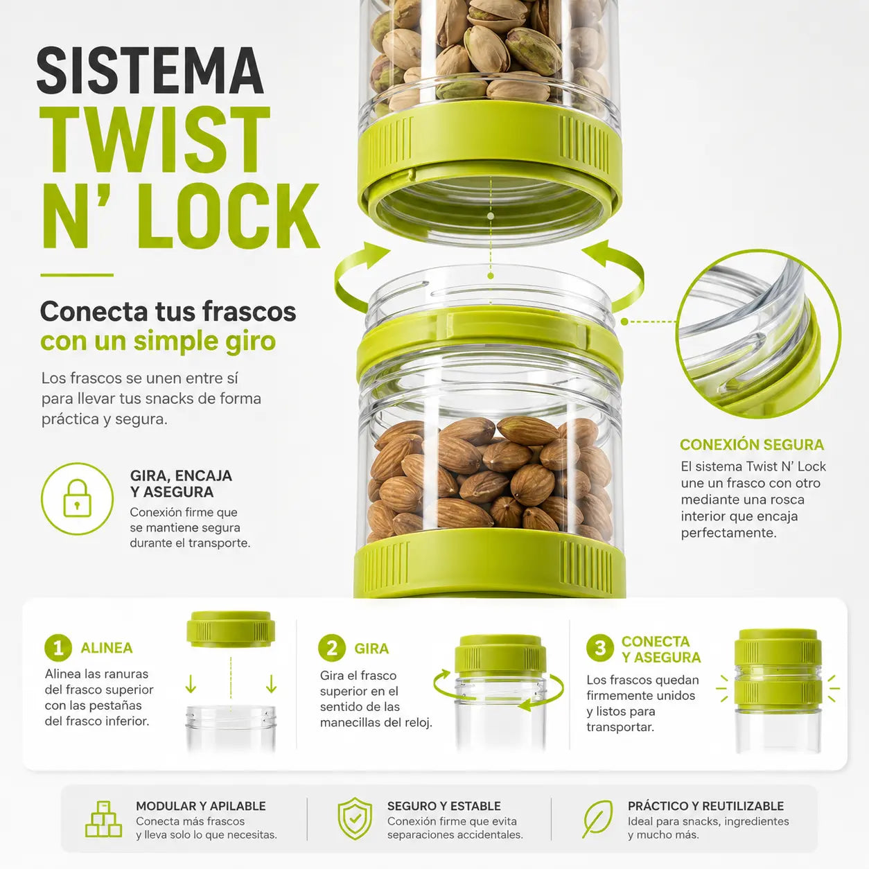 Muestra el sistema de conección TWIST n´LOCK de los frascos