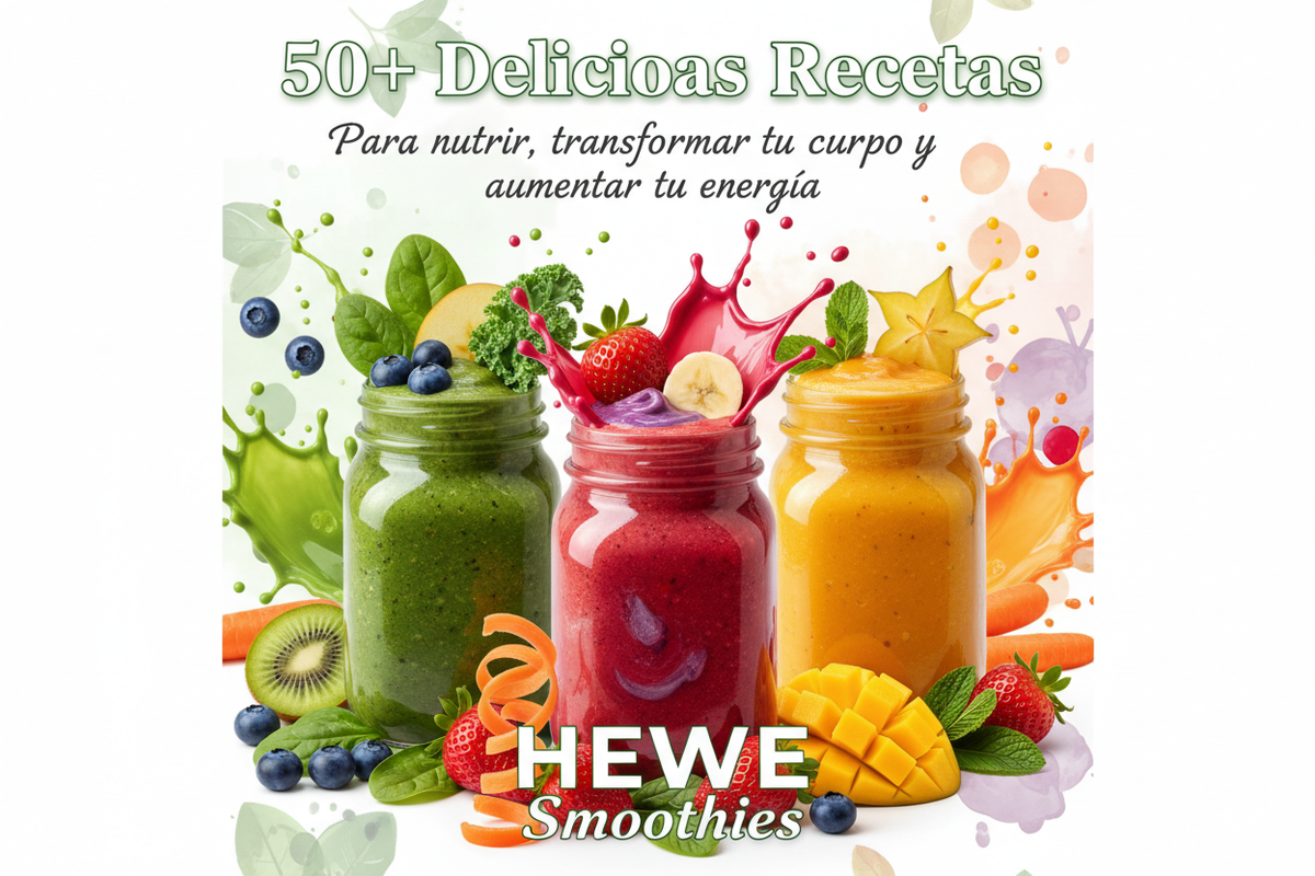 crea la portada de un ebook de smoothies realizados por HEWE con "50+ Deliciosas recetas para nutrir, transformar tu cuerpo y aumentar tu energía...", necesito la imagen tamaño vertical